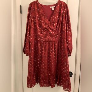 London Times Red Leaf Pattern Long Sleeve Dress